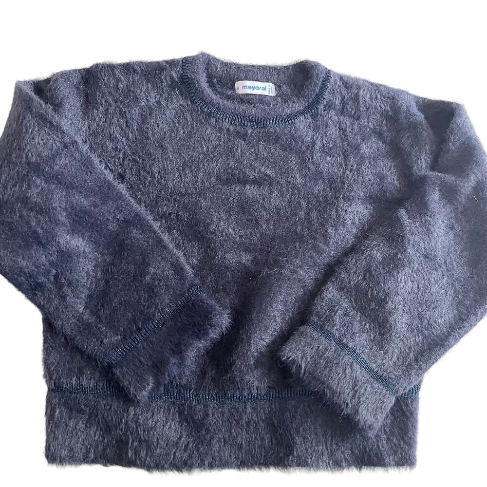 Mayoral Girls Navy Fuzzy Metallic Trim Crewneck Sweater size 4 Cozy